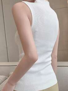 女士春夏半高领无袖针织吊带背心，可作为外套或分层穿着 - 白色 - 查看 2