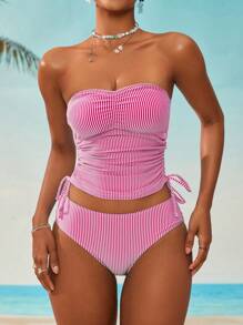 Swim Lushoire 女式比基尼上衣，前部有褶皱，腰部有抽绳，搭配高腰条纹泳裤 - 彩色 - 查看 5