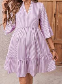 SHEIN Women Striped 3/4 Sleeve Notched Neck Shirt Dress Maternity Dress - Purple - View 6