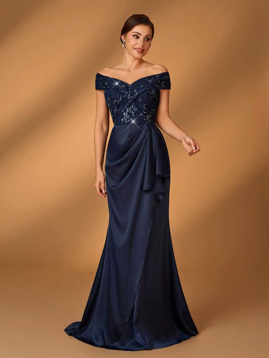 Serin Navy Blue Winter Elegant Formal Evening Wedding Dress,Luxurious Off Shoulder Sequin Floral Lace Satin Ruched Ruffled Mermaid Bride Mother Gown - Navy Blue - View 1
