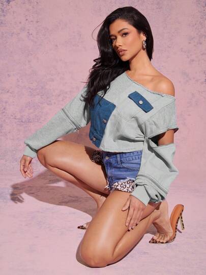 Denimoi 针织拼布牛仔上衣，简约时尚，适合夏季