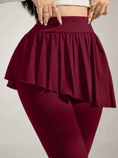 Modelyn Workout Fitness Solid Color Ruffle Hem Skirt With Leggings Set For Women Fall Cloth For Women