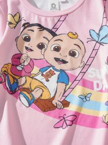 CoComelon X SHEIN Young Girl Sweet Cute Little Girl, Swing And Rainbow Print T-Shirt For Spring Summer And Outdoor - Pink - View 5