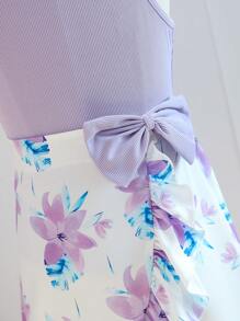 SHEIN 2pcs Tween Girl Floral Print Spaghetti Strap Top And Ruffle Hem Bowknot Skirt Set, Purple - Yellow - View 5