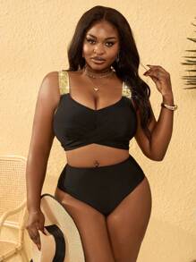 SHEIN Slayr CURVE Plus Size Women 2 Pieces Swimwear, Solid Color Cross Front High Waisted Bottoms, Minimalist Chic Beach Vacation Bikini