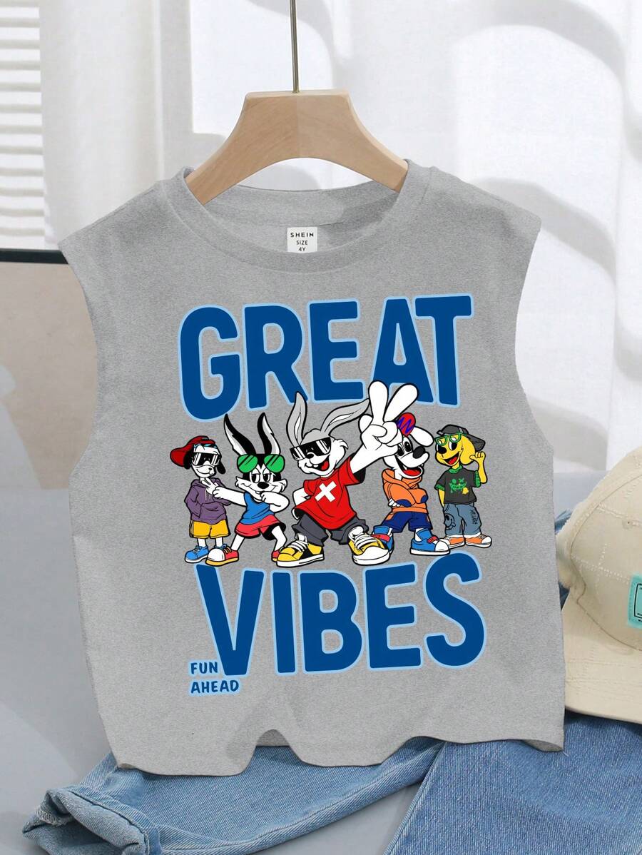 Young Boy Casual Minimalist Letter Pattern Sleeveless Tank Top, Suitable For Summer - Light Grey - View 1