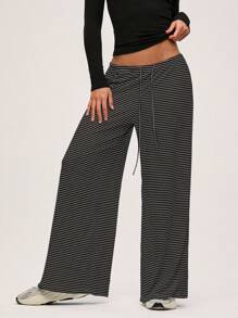 SHEIN BASICS Quần ống rộng rộng rãi, dài đến sàn, họa tiết sọc dệt kim thường ngày dành cho nữ - màu đen - Xem 4