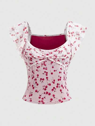 Kawaii Netz Kontrast Kirsch Muster Twist Knoten T-Shirt