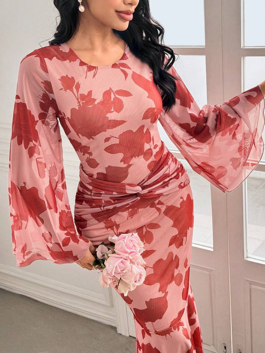 Modelyn Robe élégante femme col rond long à fleurs en maille, coupe ajustée évase en forme de sirène, romantique