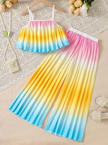 Girls Vacation Set Spaghetti Strap Wide Leg Pants Pleated Outfit, Rainbow Ombre Pleated Fabric, Suitable For Beach, Outdoor, Summer - Multicolor - View 2
