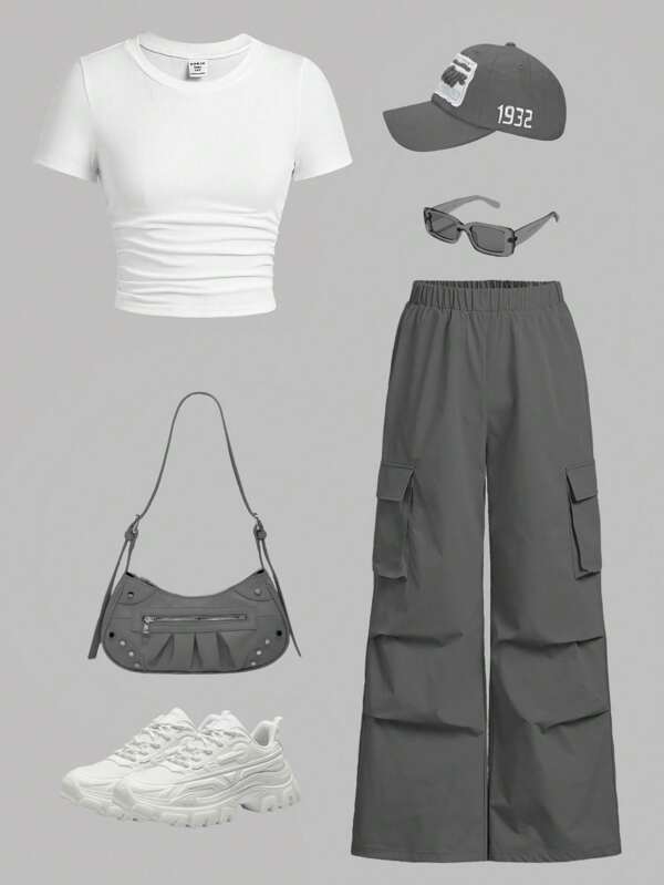 SHEIN EZwear 2pcs Tight Fit Short Sleeve T-Shirt And Cargo Pants Set