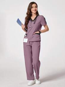 TaskEZ Conjunto de uniforme de pijama quirúrgico con manga corta y pantalón largo en colores contrastantes - Púrpura polvoriento - Ver 8