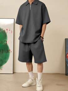 DAZY Men's Solid Color Polo Shirt And Shorts Set, Summer - Dark Grey - View 3