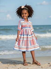 新款夏季女童休闲中东开斋节连衣裙，适合 4-7 岁，宽松时尚印花 V 领褶皱连衣裙，可爱优雅短袖连衣裙 - 淺灰色 - 查看 3