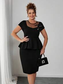 SHEIN Clasi 大码女式花卉装饰拼布波尔卡圆点网眼上衣和中长裙优雅两件套