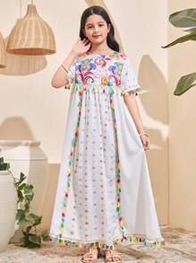 SHEIN Tween Girl Casual Holiday Loose A-Line Colorful Floral Retro Print Long Tassel Decorated Short Sleeve Woven Retro Printed Dress - Beige - View 5