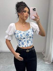 Chiquease French Romantic Off Shoulder Ditsy Floral Countryside Top/Blouse, Sexy & Unique For Spring/Summer - Blue - View 4