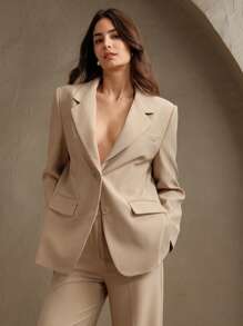 Anewsta Costume élégant décontracté pour femmes en automne, composé d'un blazer à col cranté à manches longues et d'un pantalon, de couleur unie, à simple boutonnage - Camel - Voir 1