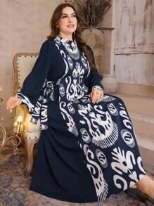 Al Najma Women's Stand Collar Floral Patchwork Cinched Waist Cinched Waist Slimming Casual Plus Size Dress - Navy Blue - View 1
