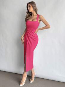 Firerie Women's Square Neck Ruched Waist Split Hem Pink Dress, Elegant For Vacation, Everyday, Wedding Season - Hot Pink - View 3