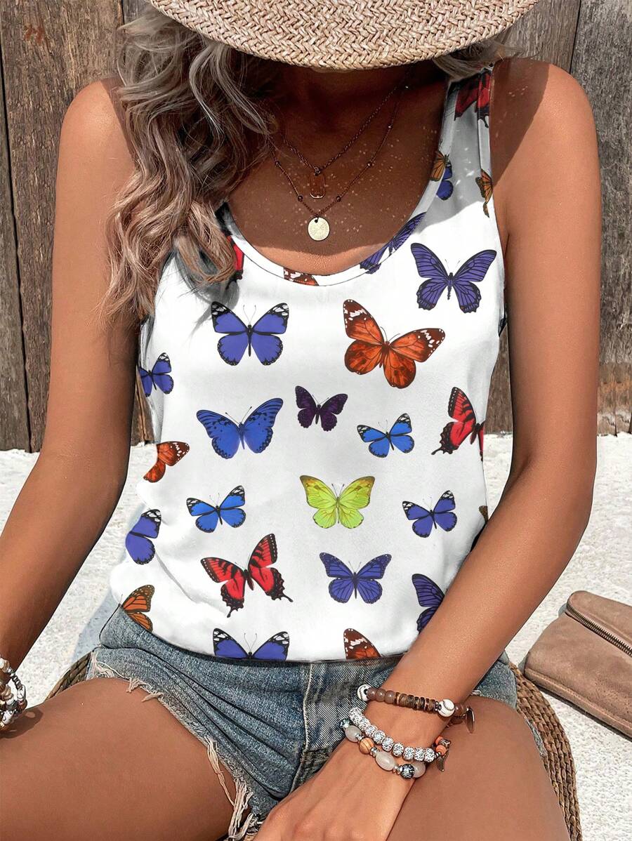 INAWLY Butterfly Print Sleeveless Casual Tank Top, Suitable For Daily Wear
