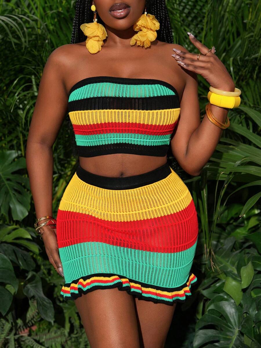 Slaydiva Summer Vacation Outfits For Woman, Strapless Knit Crop Top + Mini Ombre Ruffled Skirt Two-Piece Set, St Patrick Day, Carnival - Multicolor - View 1