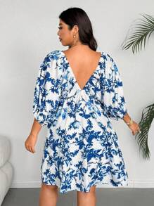 Flirla Plus Size V-Neck Floral Print Dress, Vacation Style - Blue - View 4