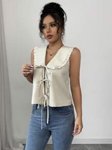 Chiquease 女士蝴蝶结领无袖优雅衬衫 - 卡其色 - 查看 5