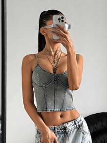 SHEIN ICON 女士日常百搭修身时尚牛仔吊带背心 - 淺色水洗藍 - 查看 1