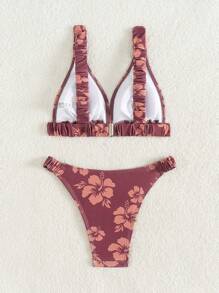 SHEIN Swim Conjunto de 2 piezas de ropa de playa de primavera para mujer: Top halter y Bottom de bikini de tiro alto con estampado aleatorio, traje de baño boho de playa para festivales - Multicolor - Ver 2