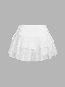 SHEIN MOD Women's White Lace Drawstring Waist Mini Skirt, New Years, Rave Festival, Y2k Clothes, Sexy Skirt, Western Wear Women, Summer For Women, Country, Valentine Day, Cruise Women Sexy - White - View 2