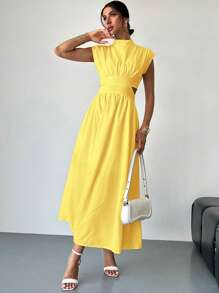 Firerie Women Summer Elegant Holiday Date Music Festival Party INS Hollow Pocket Waist Cinched Long Sleeve Dress - Yellow - View 5