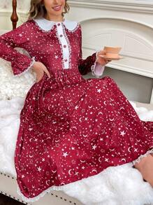 蕾丝拼布星空女士彼得潘领长袖睡袍 - 彩色 - 查看 6