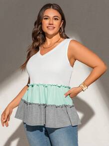 SHEIN LUNE Áo ba lỗ viền bèo nhún màu sắc thường ngày cỡ lớn mùa hè - Nhiều màu - Xem 4