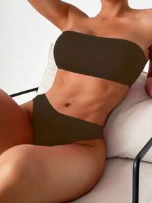 SHEIN Swim 女士 2 件纯色比基尼泳装套装，抹胸上衣和三角泳裤 - 棕色 - 查看 3