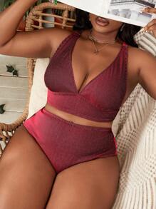 SHEIN Swim Curve Set de 2 piezas de traje de baño de tela especial con diseño de escote en V profundo, cordones a los lados y triángulo, elegante y casual para playa y resort, talla grande para mujer