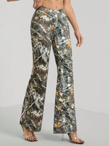 SHEIN Tall Women's Asymmetric Waist Branch Print Flare Leg Pants - Multicolor - View 5