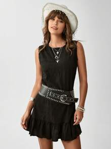 SHEIN LUNE Vestido smock unicolor bajo con fruncido - Negro - Ver 1