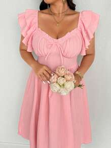 Sunnyshic Vestido elegante y retro para fiesta en la playa, de talla grande, con escote cuadrado, lazo tipo mariposa, mangas de doble volante y tela texturizada