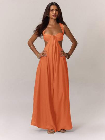MUSERA Extreme Wide Leg Jumpsuit Draped Front Bust Cups Cut Out Sides Open Back Vacation Boho Western Spring Summer Vacation Beachwear Elegant Ibiza Holiday Wedding Guest Date Night Sexy Evening Bohemian Autumn Winter Orange