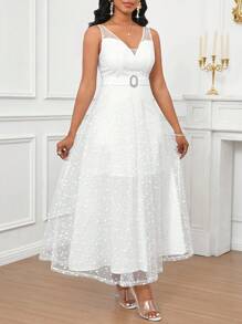 SHEIN Lady Vestido midi de mujer de cuello en V sólido blanco