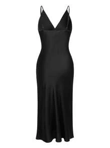 Ocili ثوب نوم حريري ناعم لامع كالساتان ذو حمالات رفيعة للنساء لملابس النهار الفاخرة - الأسود - مشاهدة 2