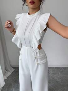 Elenzga Women's Solid Color Ruffle Trim Button Decor Elegant Mid-Calf Jumpsuit, Summer - White - View 6