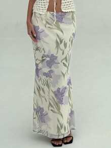 Aloruh 女士花卉印花高腰鱼尾裙，优雅度假装 - 彩色 - 查看 2