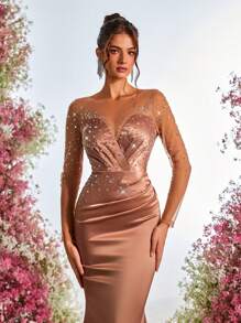 Glamrae 优雅、华丽、浪漫的香槟色奢华烫钻透视长袖修身鱼尾下摆连衣裙适合晚餐单身派对约会度假返校季生日派对婚礼活动晚礼服（重磅款）、婚礼宾客礼服、礼服、长袍 - 香檳色 - 查看 1