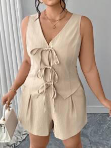 SHEIN Clasi Conjunto de 2 piezas de talla grande con top de tirantes de unicolor con cordón y shorts - Albaricoque - Ver 5