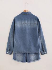 TENN GIRL VINTAGE BOHO MUSIC FESTIVAL Y2K CLASSIC Jean Shirt And Shorts Denim Two Pieces Set, Shirt With Button Front Closure And Ripped Details, Shorts With Elastic Waist And Flat Pockets. - Light Wash - View 2