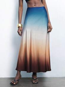 SHEIN Maija Ombre Satin Soft Touch Fashion Women Skirt, Versatile Spring/Summer Bottoms, Suitable For Festivals - Brown - View 6