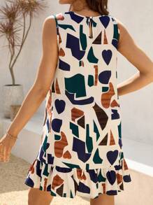 SHEIN Maternity Spring Geometric Print Round Neck Ruffle Hem Sleeveless Dress