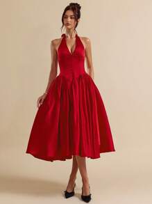 SHEIN BAE 节日优雅法式连衣裙红色连衣裙情人节约会装芭蕾舞裙甜美吊带裙情人节服装女士夏季服装//春季服装//情人节服装//海滩度假服装 - 酒紅色 - 查看 1